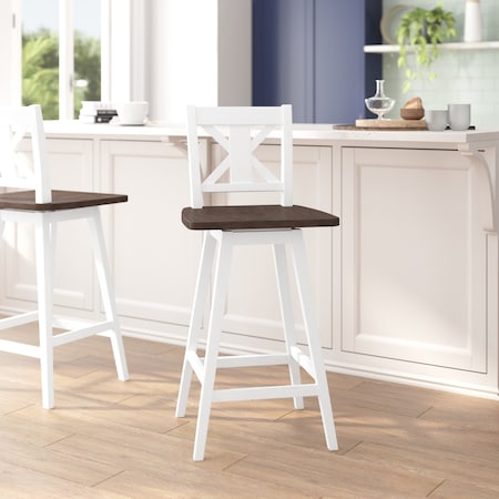 Flash Furniture Gwendolyn Commercial Solid Wood Modern Farmhouse Swivel Bar Height Barstool in Antique White Wash ES-G1-29-WH-GG